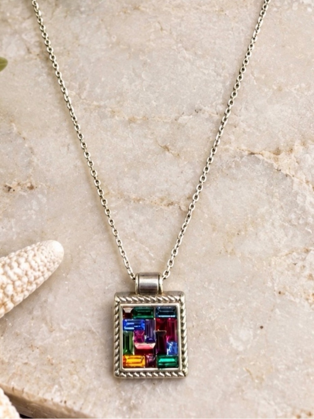BRIGHTON ST MICHEL MULTI COLOR STONE REVERSIBLE NECKLACE SILVER MOSIAC DESIGN